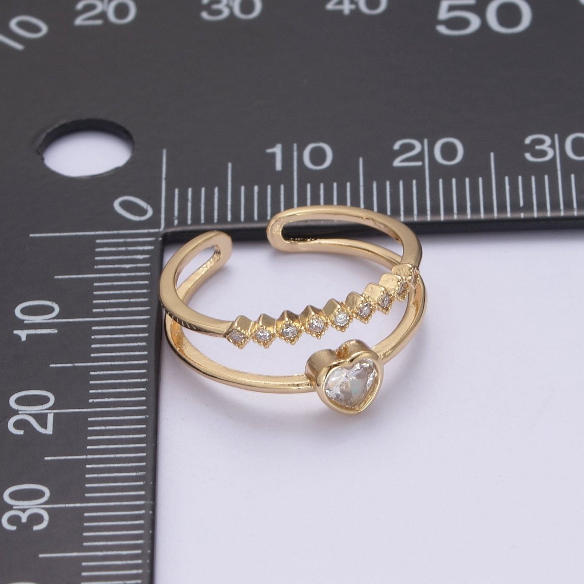 16K Gold Filled Double Band Geometric Square & Heart Crystal Zirconia CZ Promise Ring, Adjustable Ring For Valentine   U-337