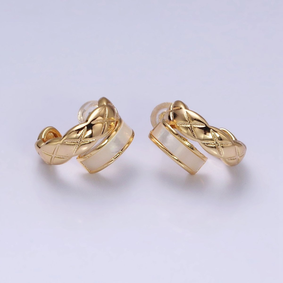 16K Gold Filled Double Band Quilted X Cross Pearl Lied C-Shaped Hoop Earrings in Gold & Silver | AD986 AD987