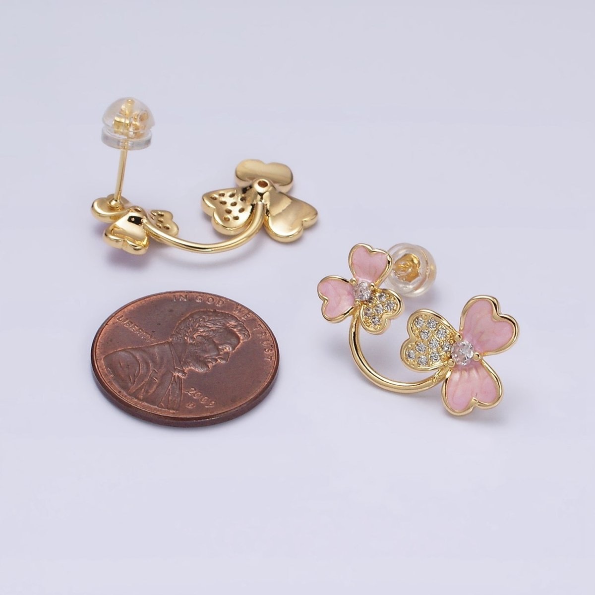 16K Gold Filled Double Flower Pink Sparkly Enamel Micro Paved Stud Earrings | AD1095