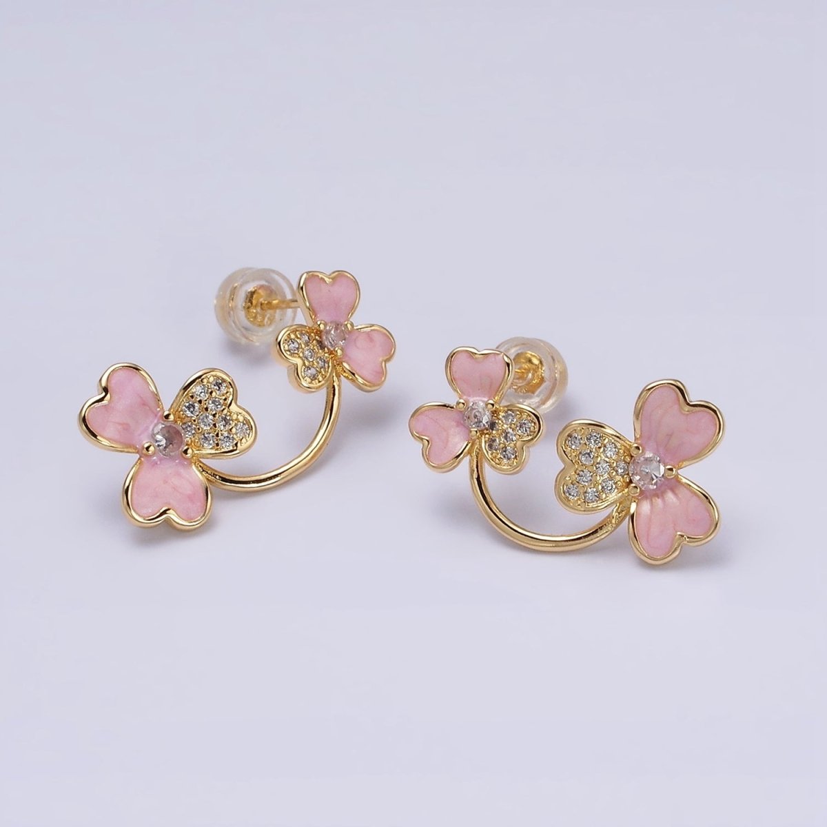 16K Gold Filled Double Flower Pink Sparkly Enamel Micro Paved Stud Earrings | AD1095