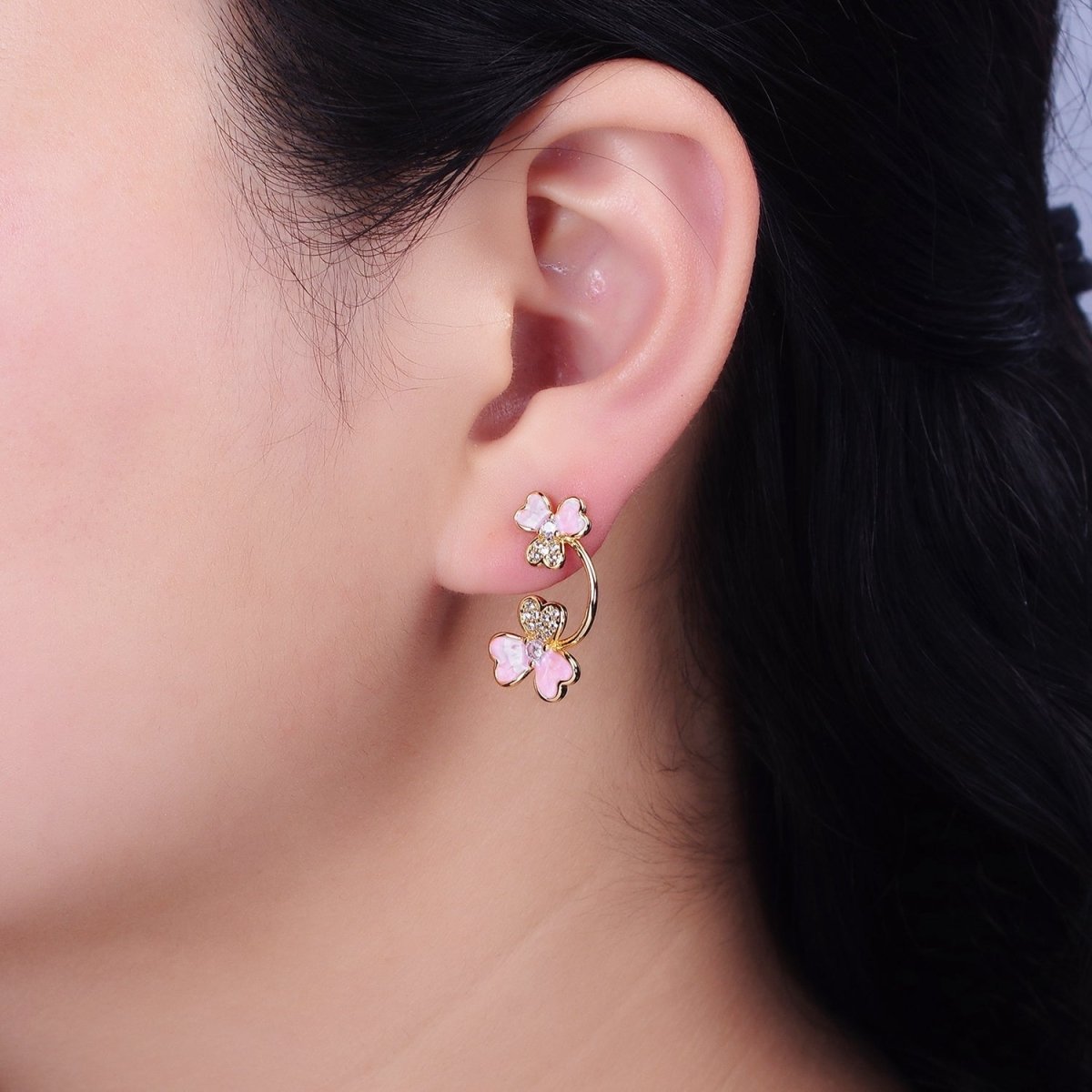 16K Gold Filled Double Flower Pink Sparkly Enamel Micro Paved Stud Earrings | AD1095
