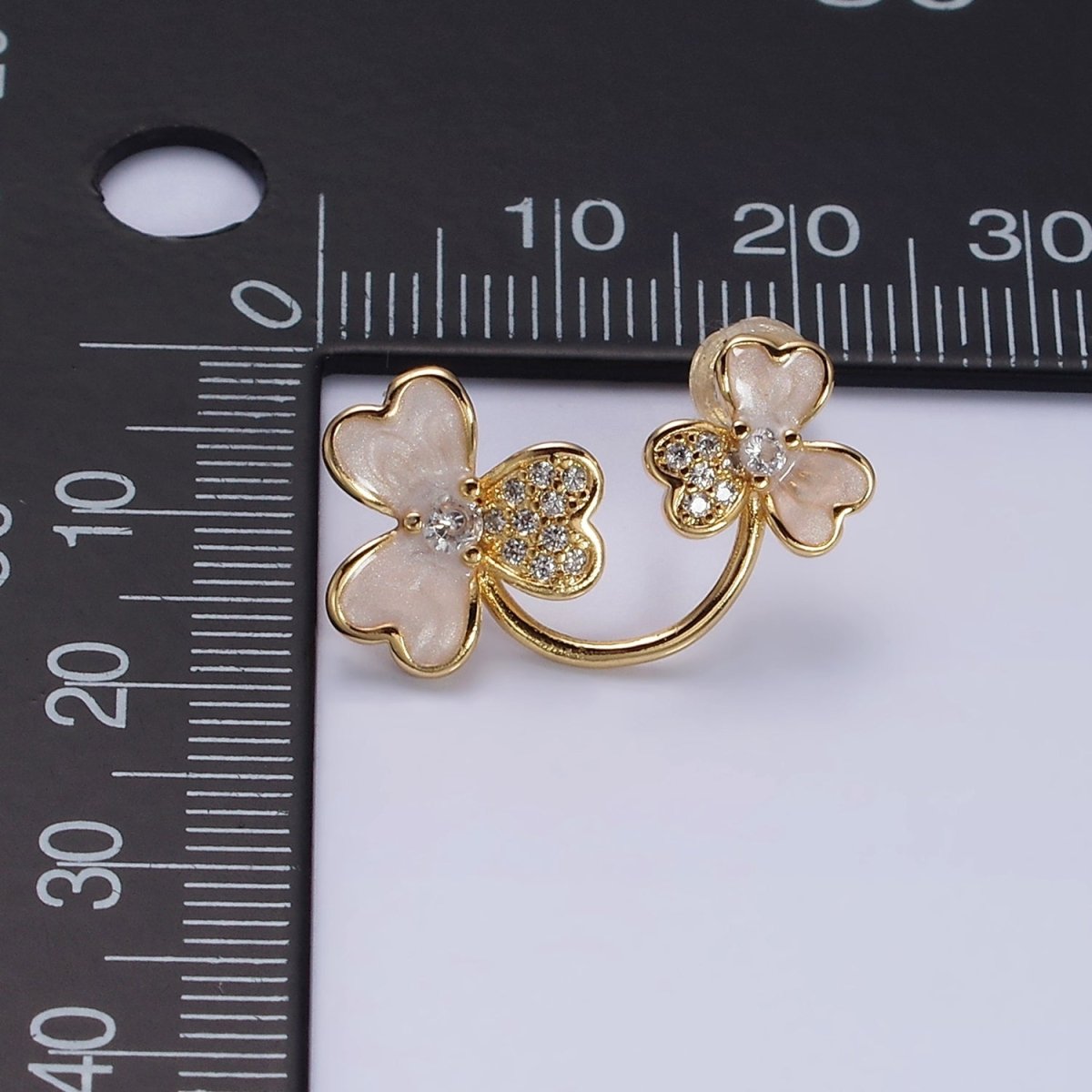 16K Gold Filled Double Flower White Sparkly Enamel Micro Paved Stud Earrings | AD1094