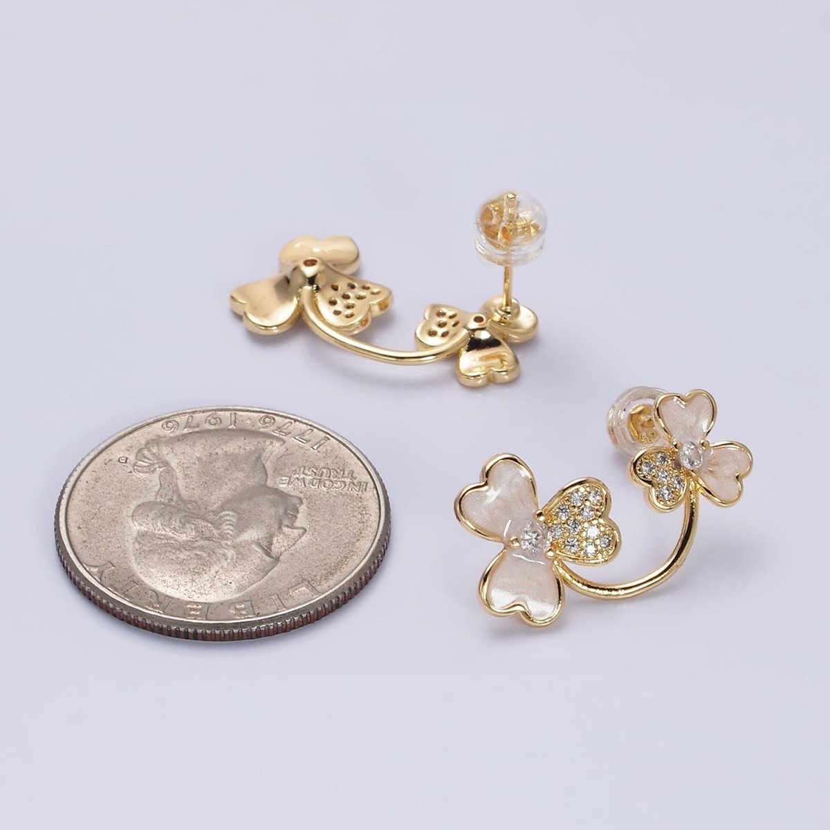 16K Gold Filled Double Flower White Sparkly Enamel Micro Paved Stud Earrings | AD1094