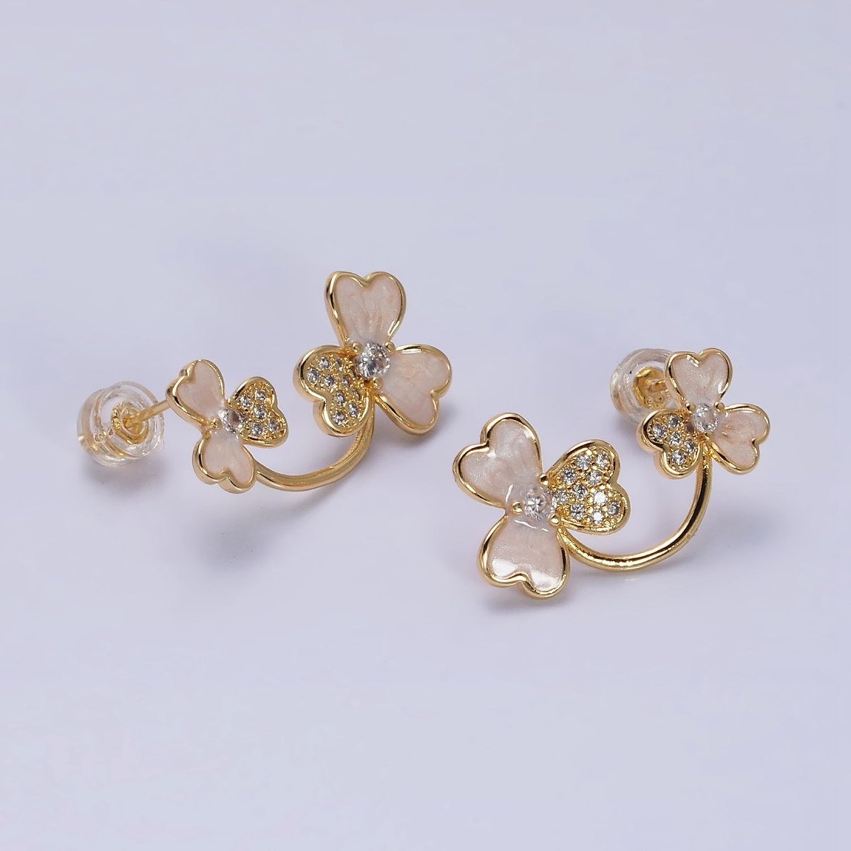16K Gold Filled Double Flower White Sparkly Enamel Micro Paved Stud Earrings | AD1094