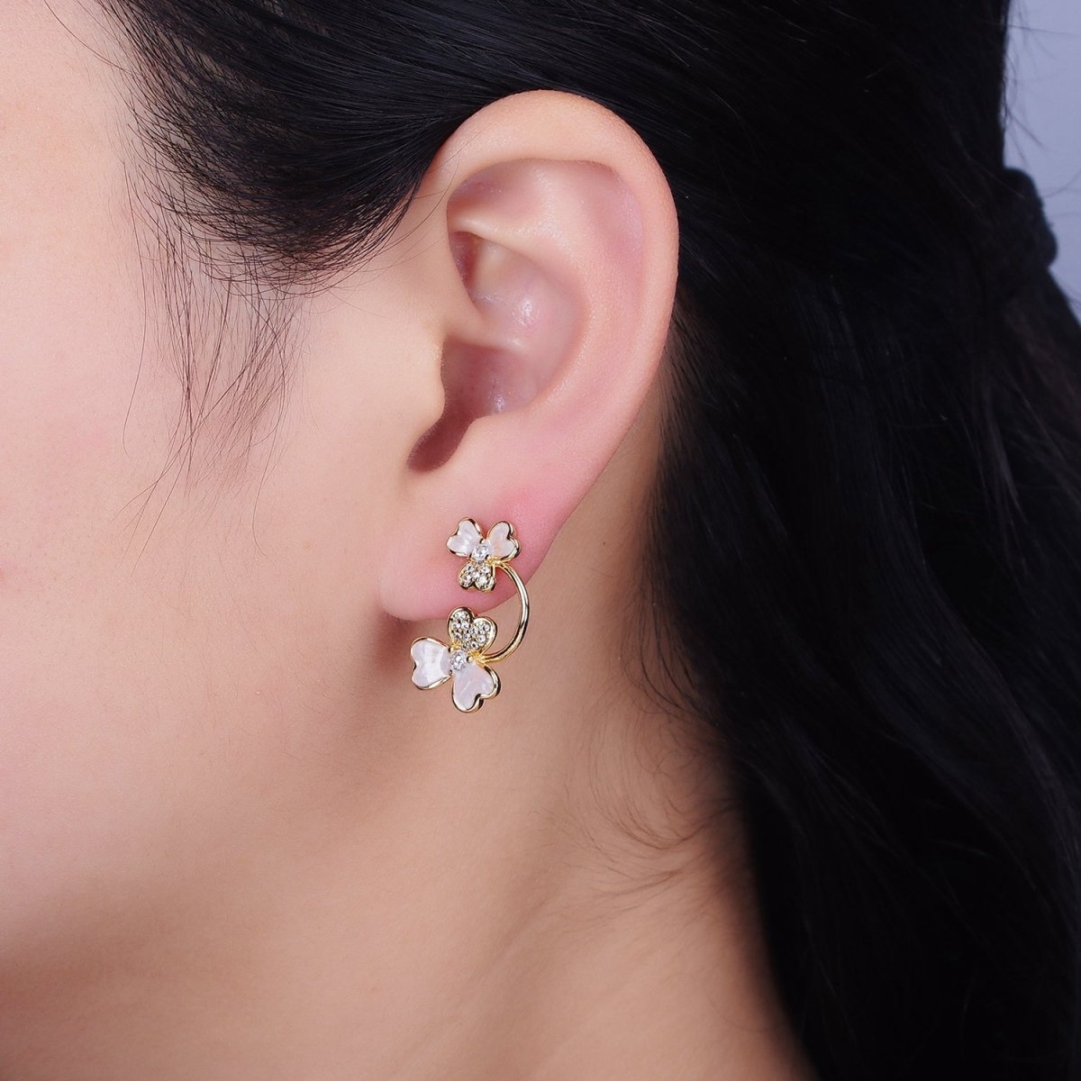 16K Gold Filled Double Flower White Sparkly Enamel Micro Paved Stud Earrings | AD1094
