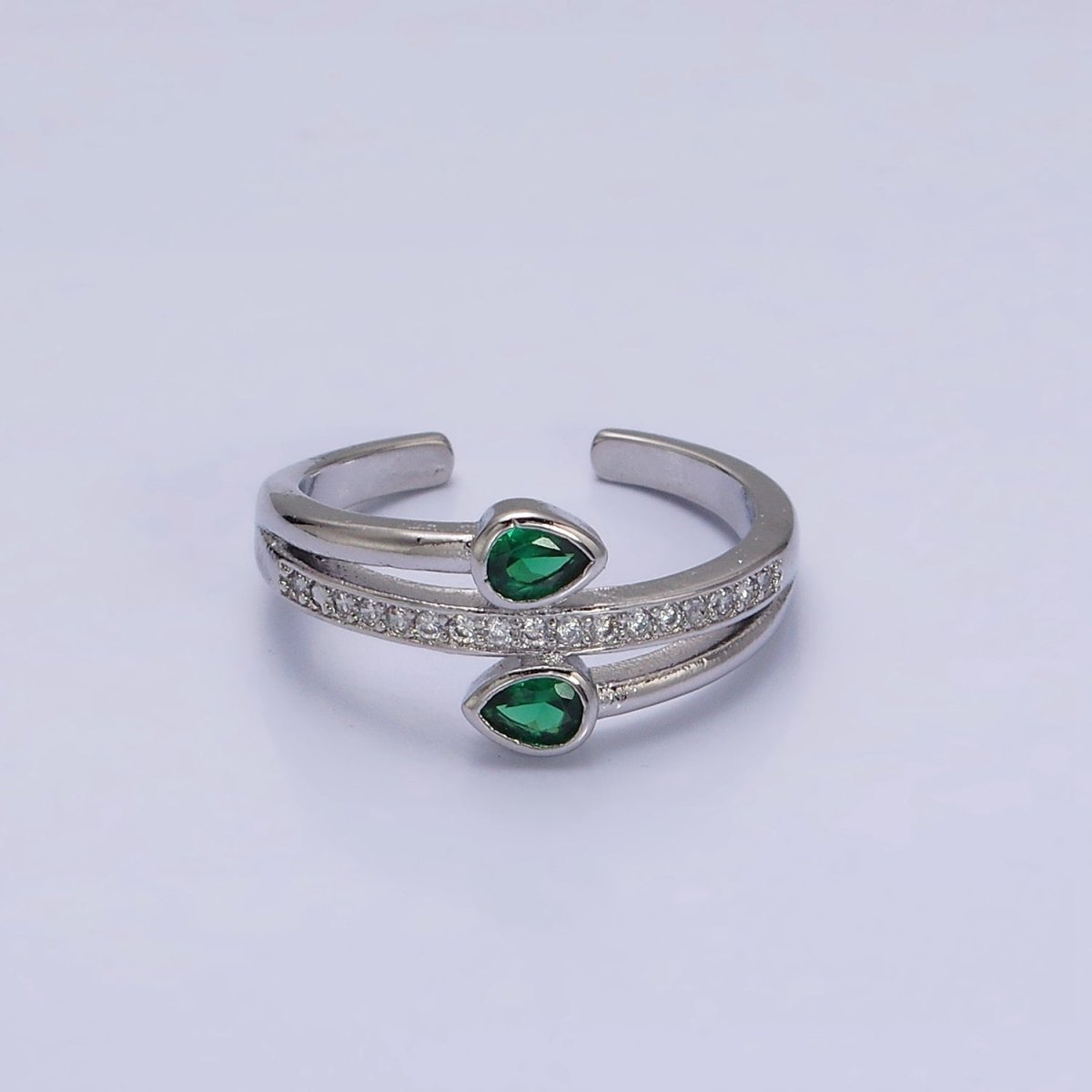 16K Gold Filled Double Green Teardrop Micro Paved CZ Adjustable Ring in Gold & Silver | O-1575 O-1576