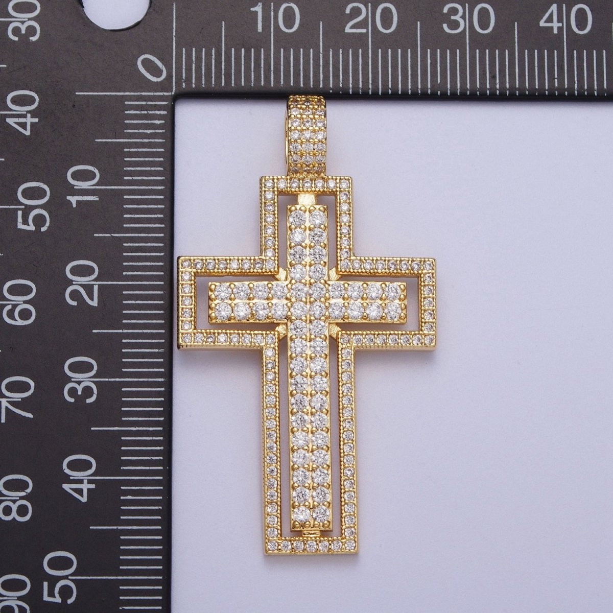 16K Gold Filled Double Micro Paved CZ Cross Pendant For Religious Jewelry Making | X-687