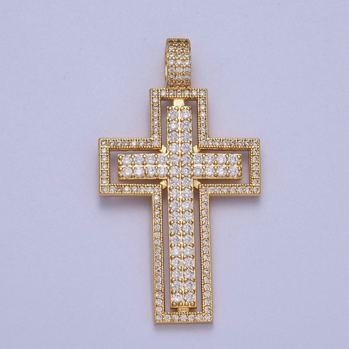 16K Gold Filled Double Micro Paved CZ Cross Pendant For Religious Jewelry Making | X-687
