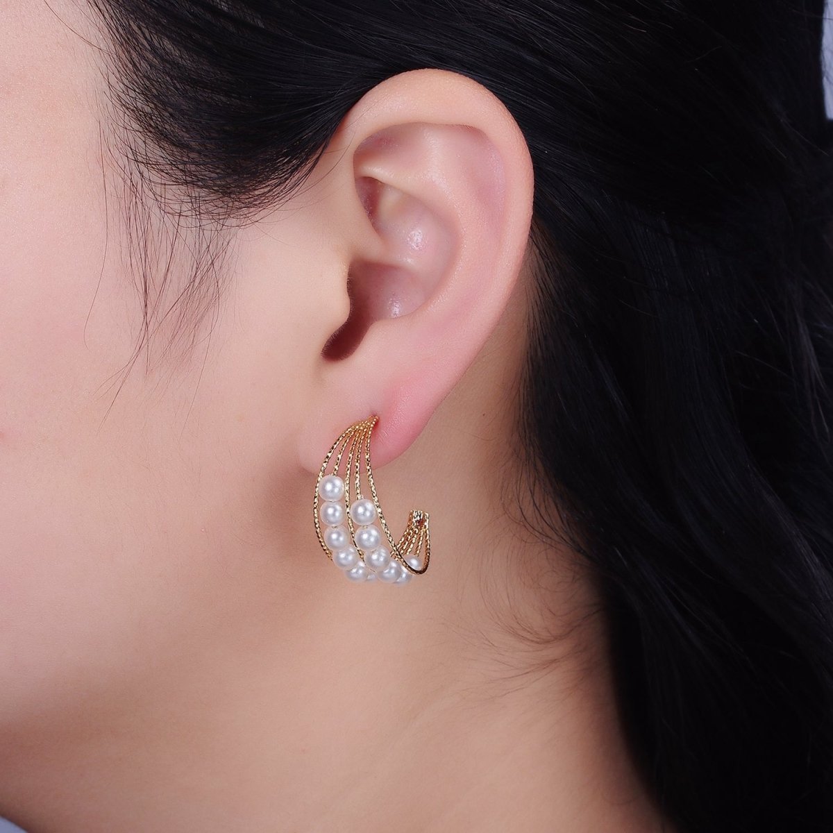 16K Gold Filled Double Pearl Lined Multiple Textured Bar C-Shaped Hoop Earrings | AD945