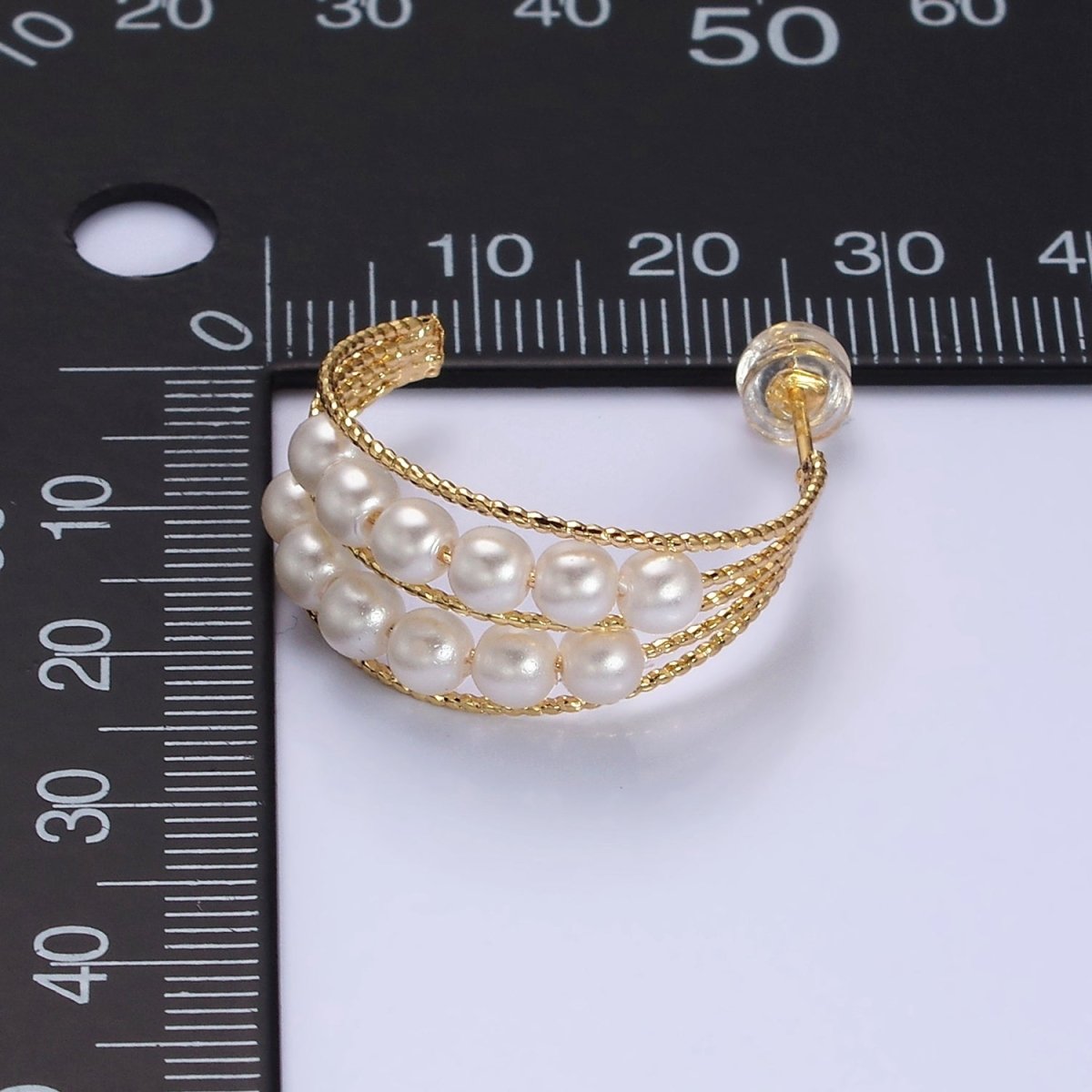 16K Gold Filled Double Pearl Lined Multiple Textured Bar C-Shaped Hoop Earrings | AD945