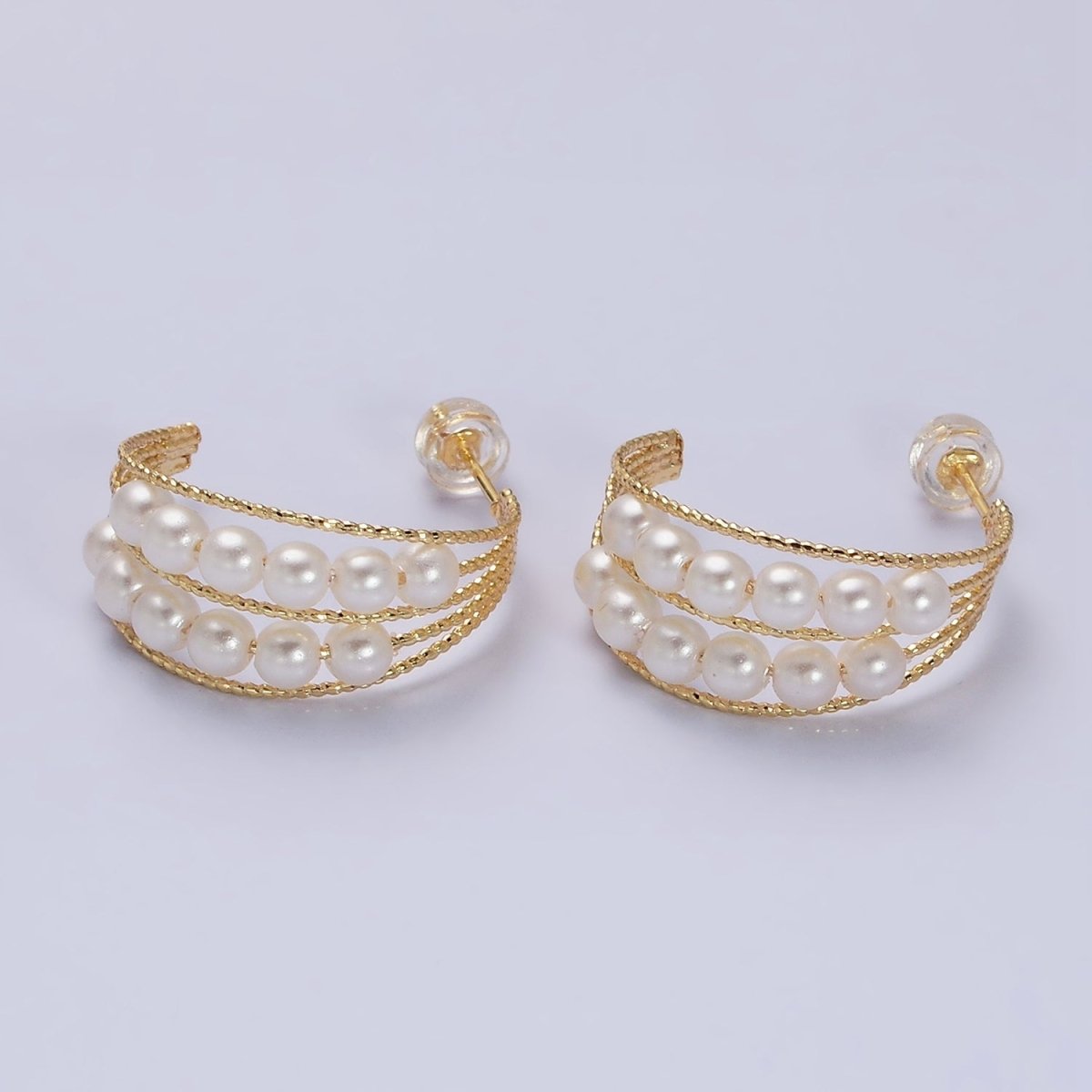 16K Gold Filled Double Pearl Lined Multiple Textured Bar C-Shaped Hoop Earrings | AD945