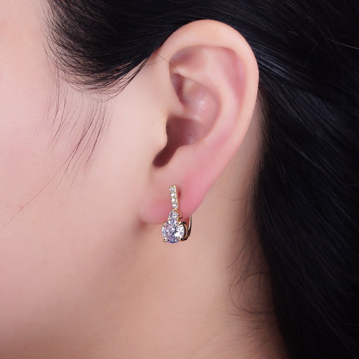 16K Gold Filled Double Round Clear CZ English Lock Earrings | AB947