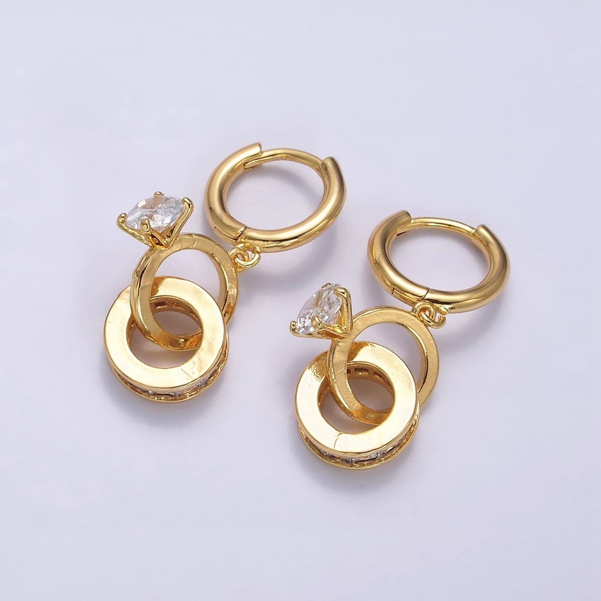 16K Gold Filled Double Round Clear Rhondelle Solitaire CZ Huggie Earrings in Gold & Silver | AD-315 AD-316