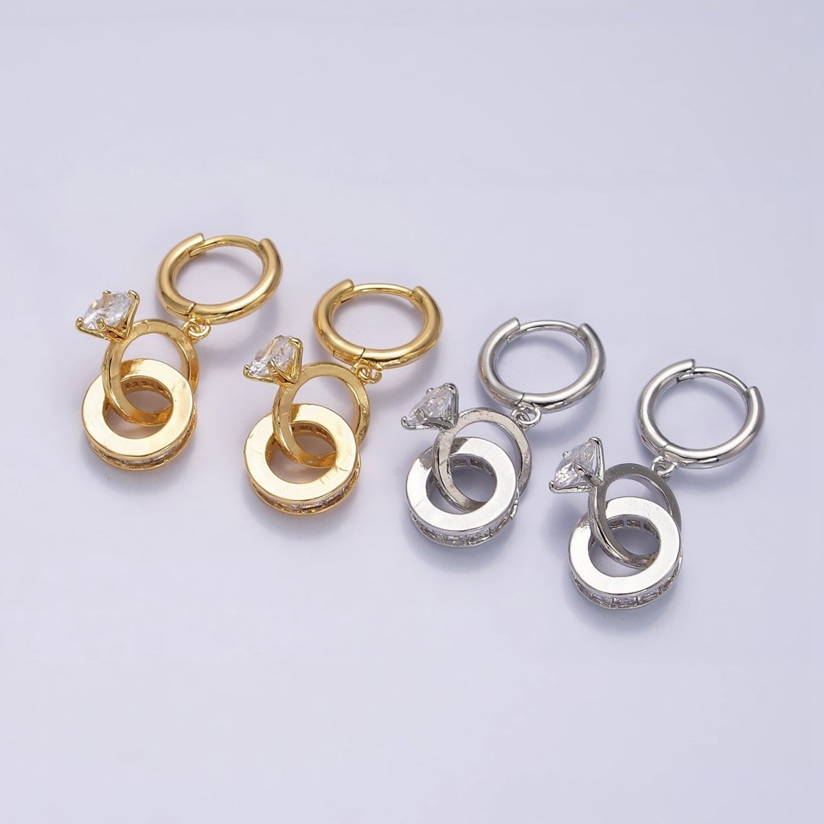 16K Gold Filled Double Round Clear Rhondelle Solitaire CZ Huggie Earrings in Gold & Silver | AD-315 AD-316