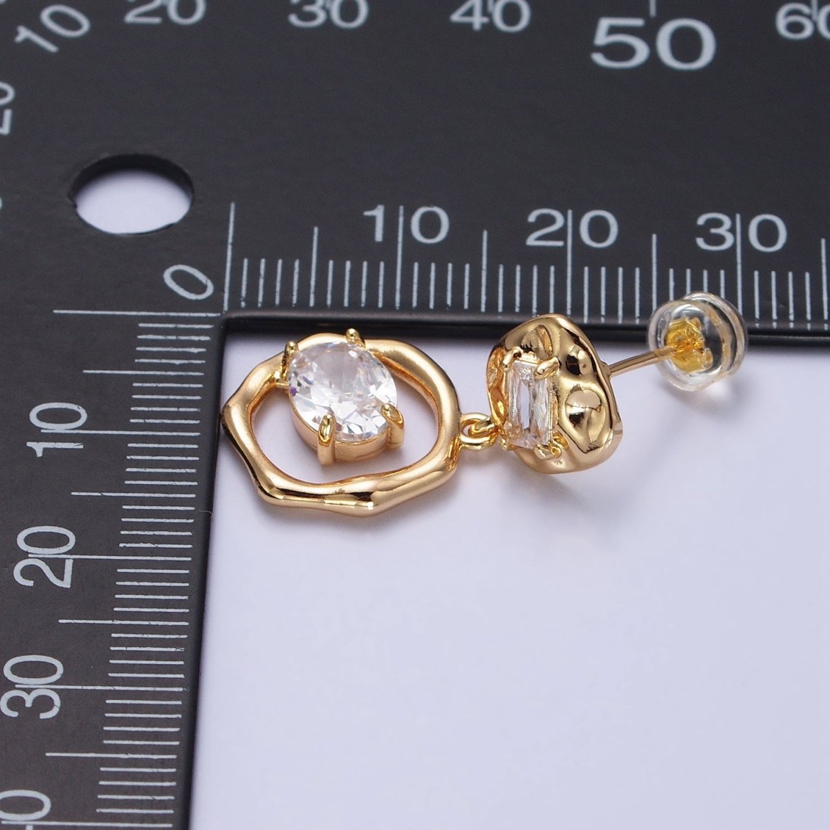 16K Gold Filled Double Round Hammered Clear Baguette Oval CZ Drop Dangle Earrings | AB390