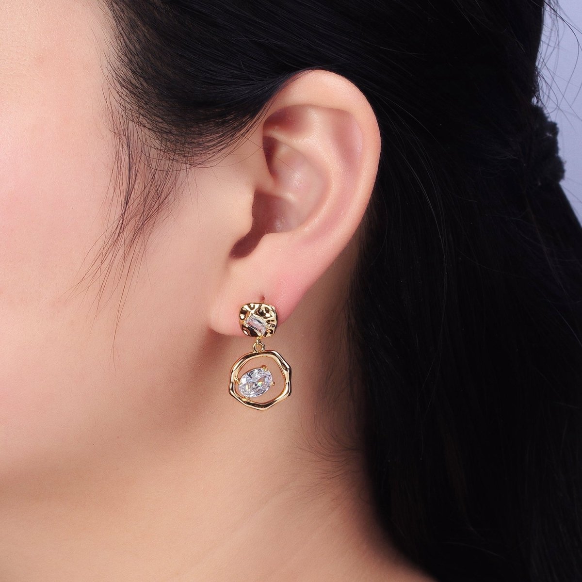 16K Gold Filled Double Round Hammered Clear Baguette Oval CZ Drop Dangle Earrings | AB390