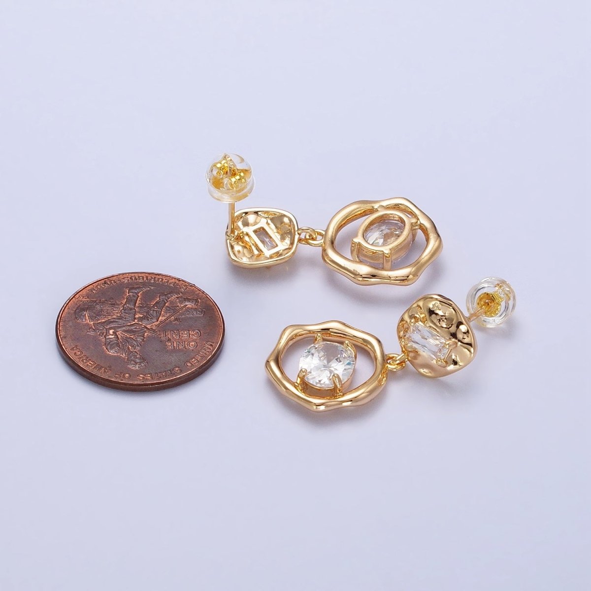 16K Gold Filled Double Round Hammered Clear Baguette Oval CZ Drop Dangle Earrings | AB390