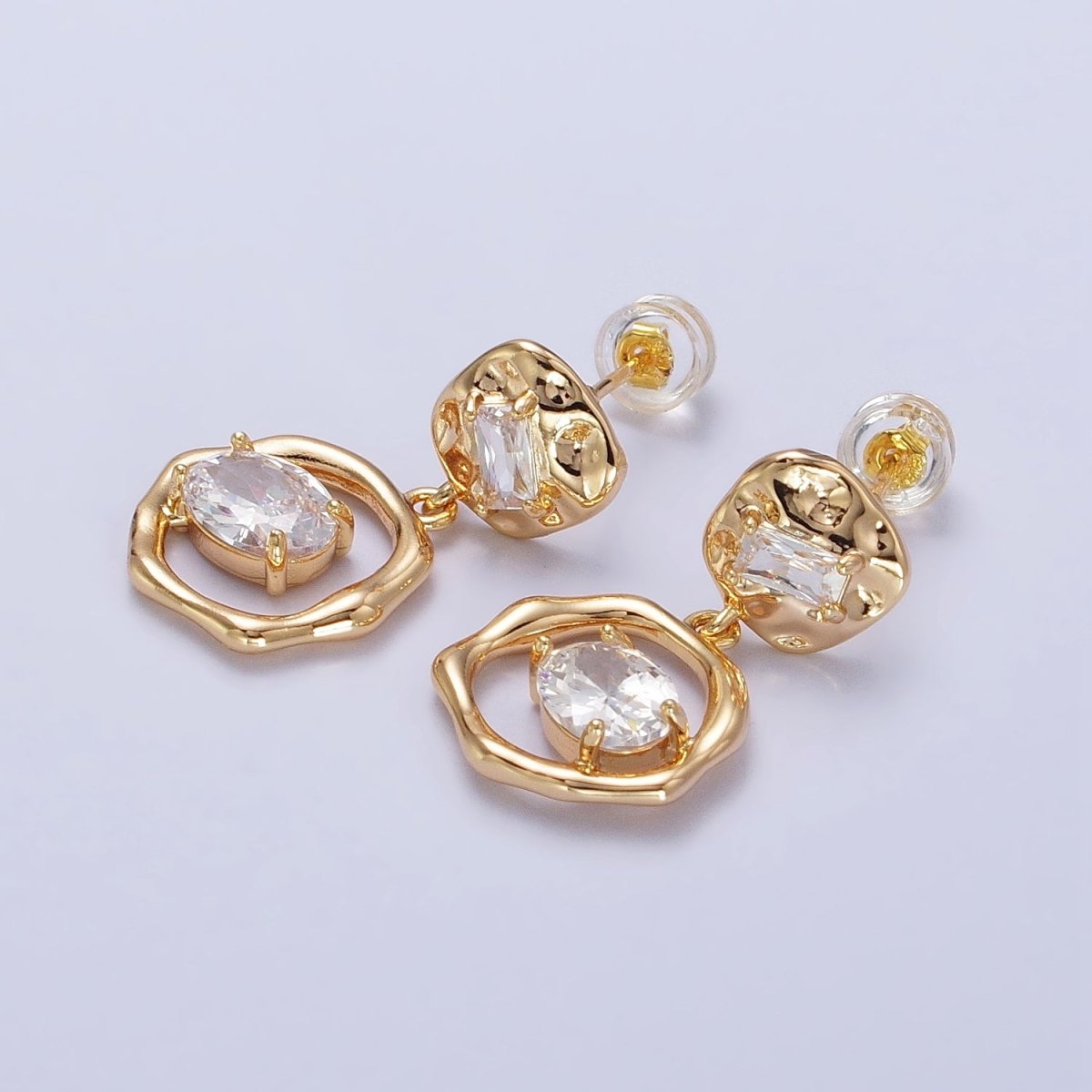 16K Gold Filled Double Round Hammered Clear Baguette Oval CZ Drop Dangle Earrings | AB390