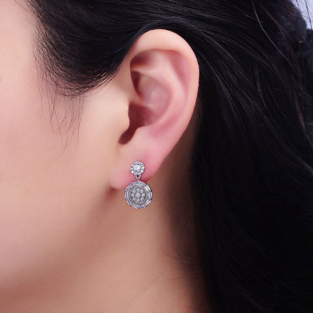 16K Gold Filled Double Round Triangle Baguette Pearl Drop Stud Earrings in Gold & Silver | AD-327 AD-328