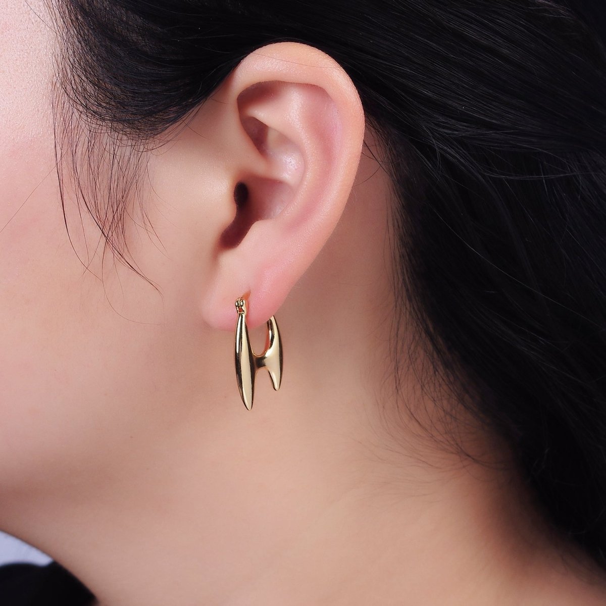 16K Gold Filled Double Spiked H-Shaped French Lock Latch Hoop Earrings | AB087