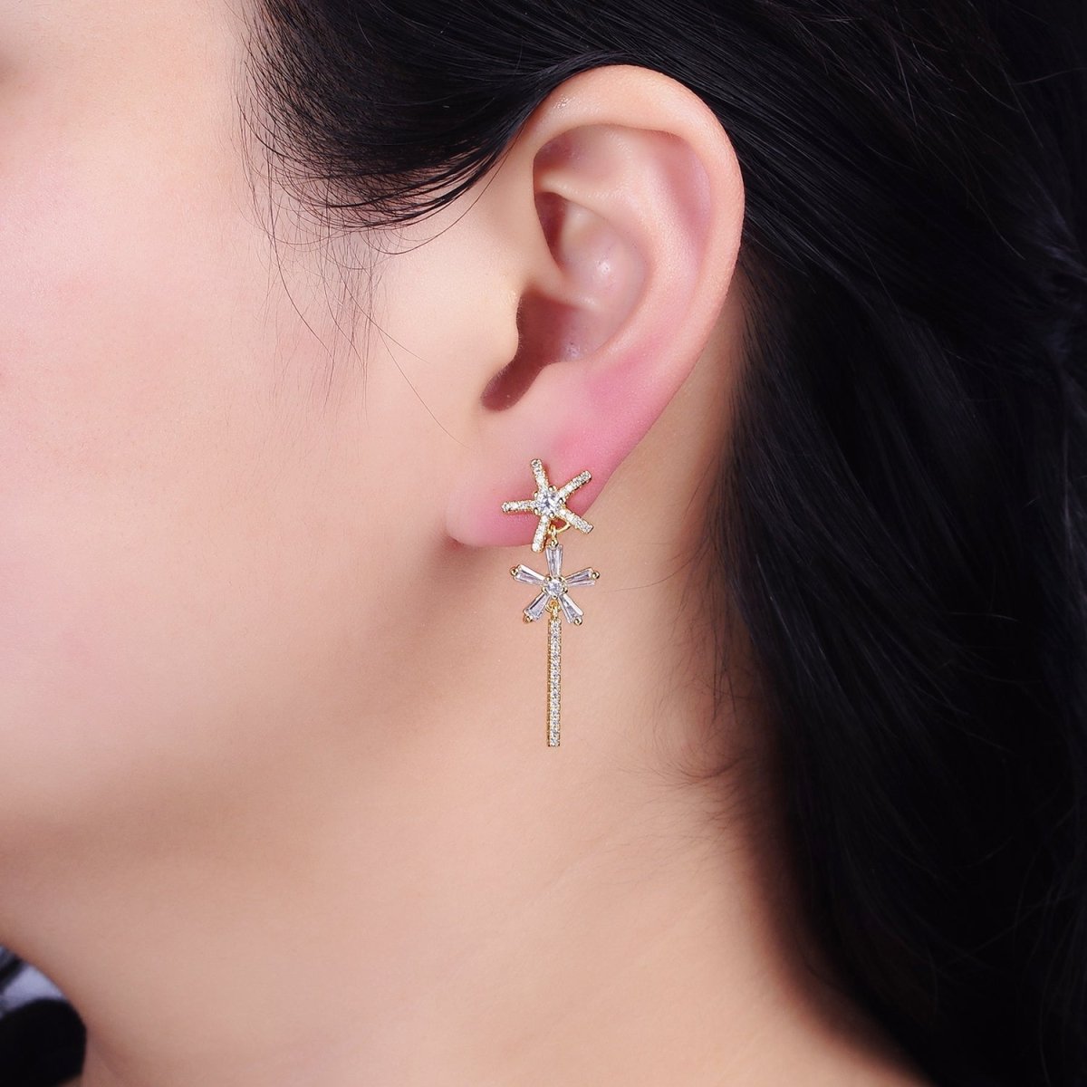 16K Gold Filled Double Star Flower Baguette Micro Paved CZ Bar Drop Stud Earrings in Gold & Silver | AD1136 AD1137