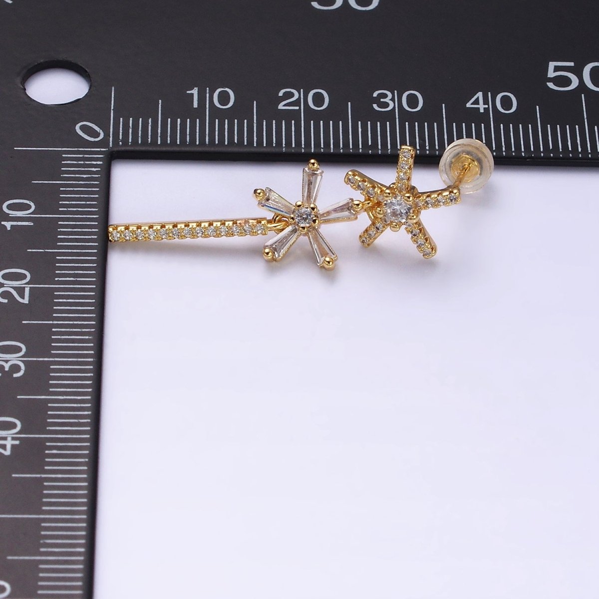 16K Gold Filled Double Star Flower Baguette Micro Paved CZ Bar Drop Stud Earrings in Gold & Silver | AD1136 AD1137