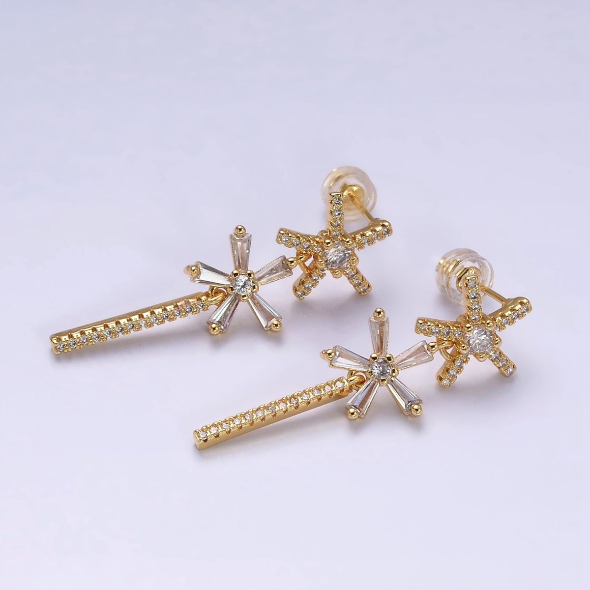 16K Gold Filled Double Star Flower Baguette Micro Paved CZ Bar Drop Stud Earrings in Gold & Silver | AD1136 AD1137