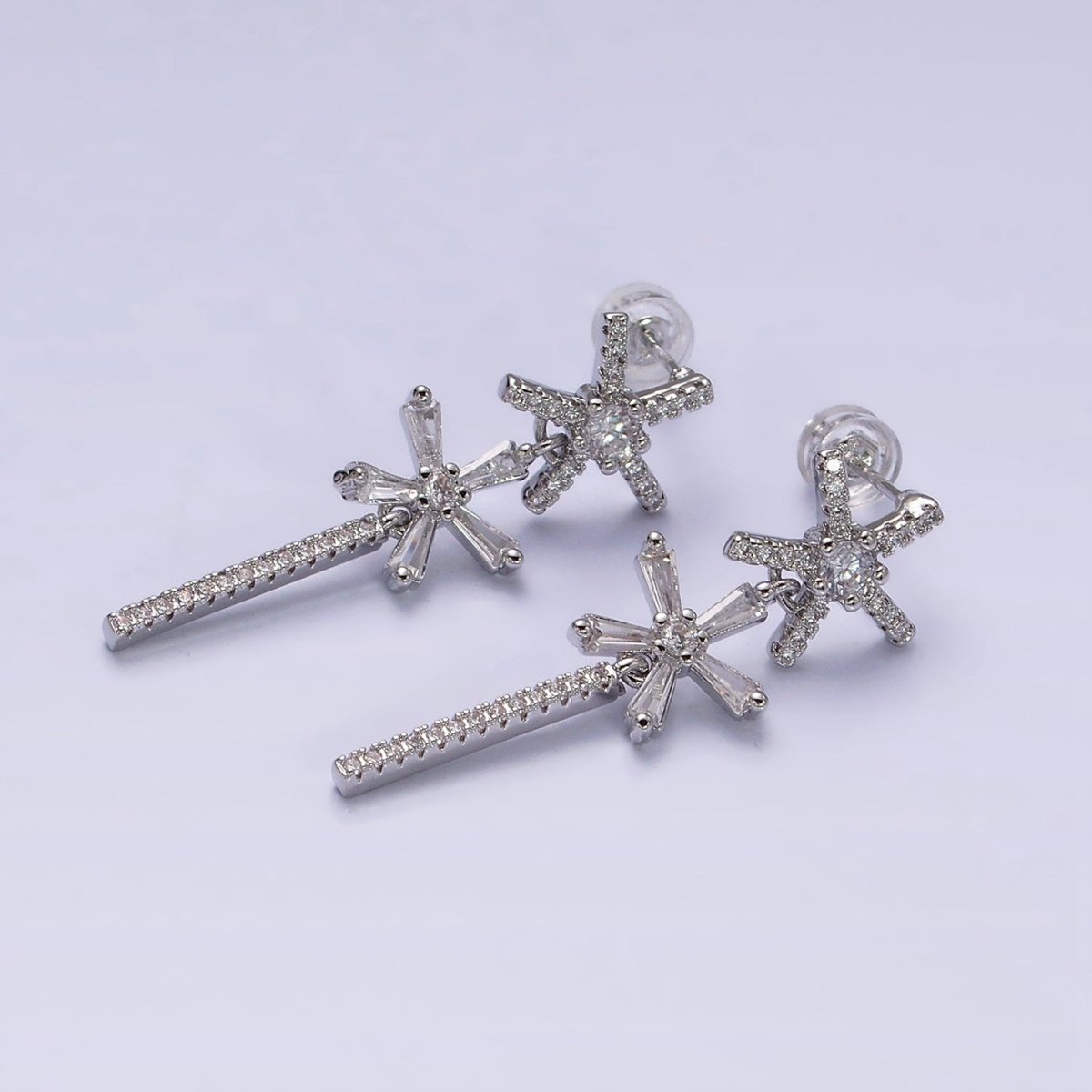 16K Gold Filled Double Star Flower Baguette Micro Paved CZ Bar Drop Stud Earrings in Gold & Silver | AD1136 AD1137