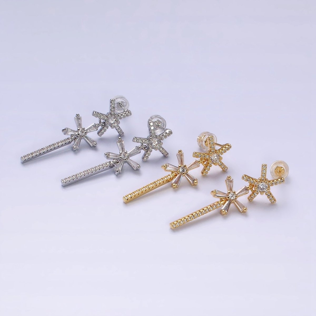 16K Gold Filled Double Star Flower Baguette Micro Paved CZ Bar Drop Stud Earrings in Gold & Silver | AD1136 AD1137