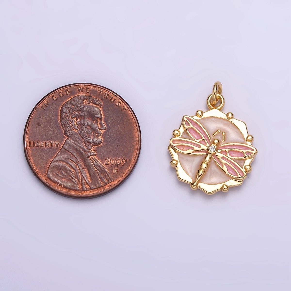 16K Gold Filled Dragonfly Insect White, Pink, Blue Sparkly Enamel Hexagonal Charm | AC1555 - AC1560