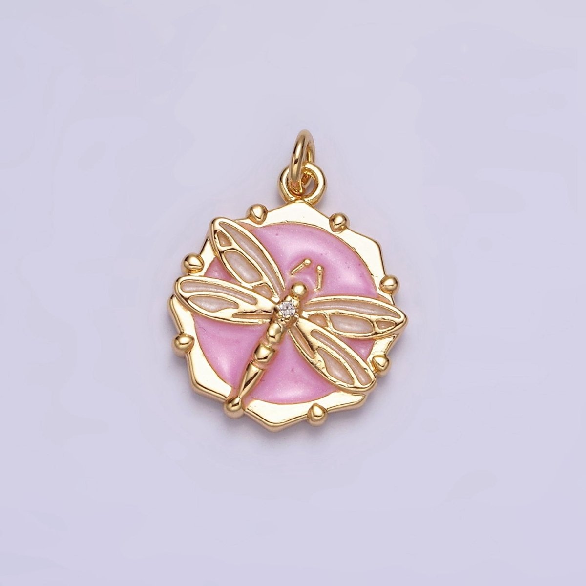 16K Gold Filled Dragonfly Insect White, Pink, Blue Sparkly Enamel Hexagonal Charm | AC1555 - AC1560