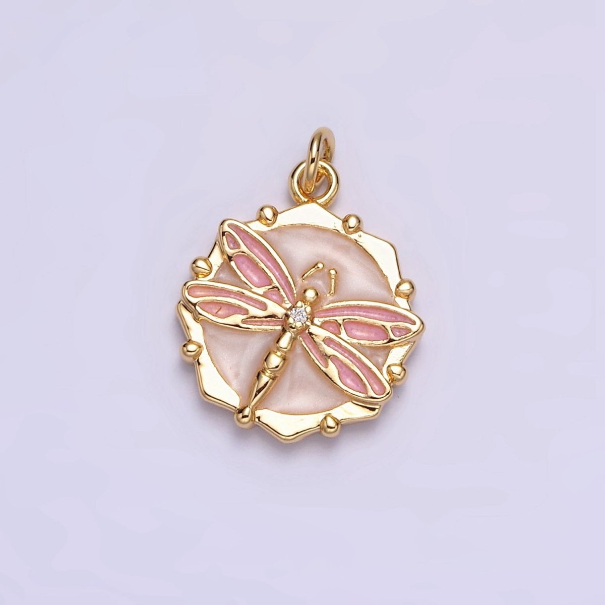 16K Gold Filled Dragonfly Insect White, Pink, Blue Sparkly Enamel Hexagonal Charm | AC1555 - AC1560
