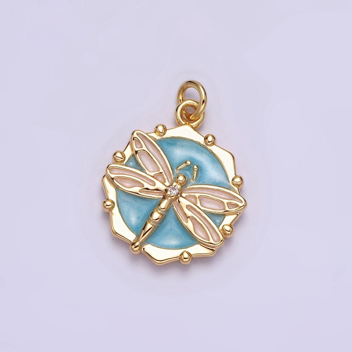 16K Gold Filled Dragonfly Insect White, Pink, Blue Sparkly Enamel Hexagonal Charm | AC1555 - AC1560