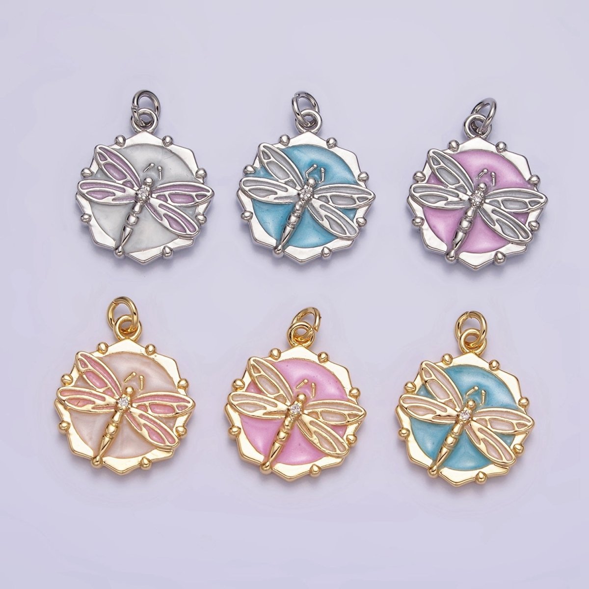 16K Gold Filled Dragonfly Insect White, Pink, Blue Sparkly Enamel Hexagonal Charm | AC1555 - AC1560