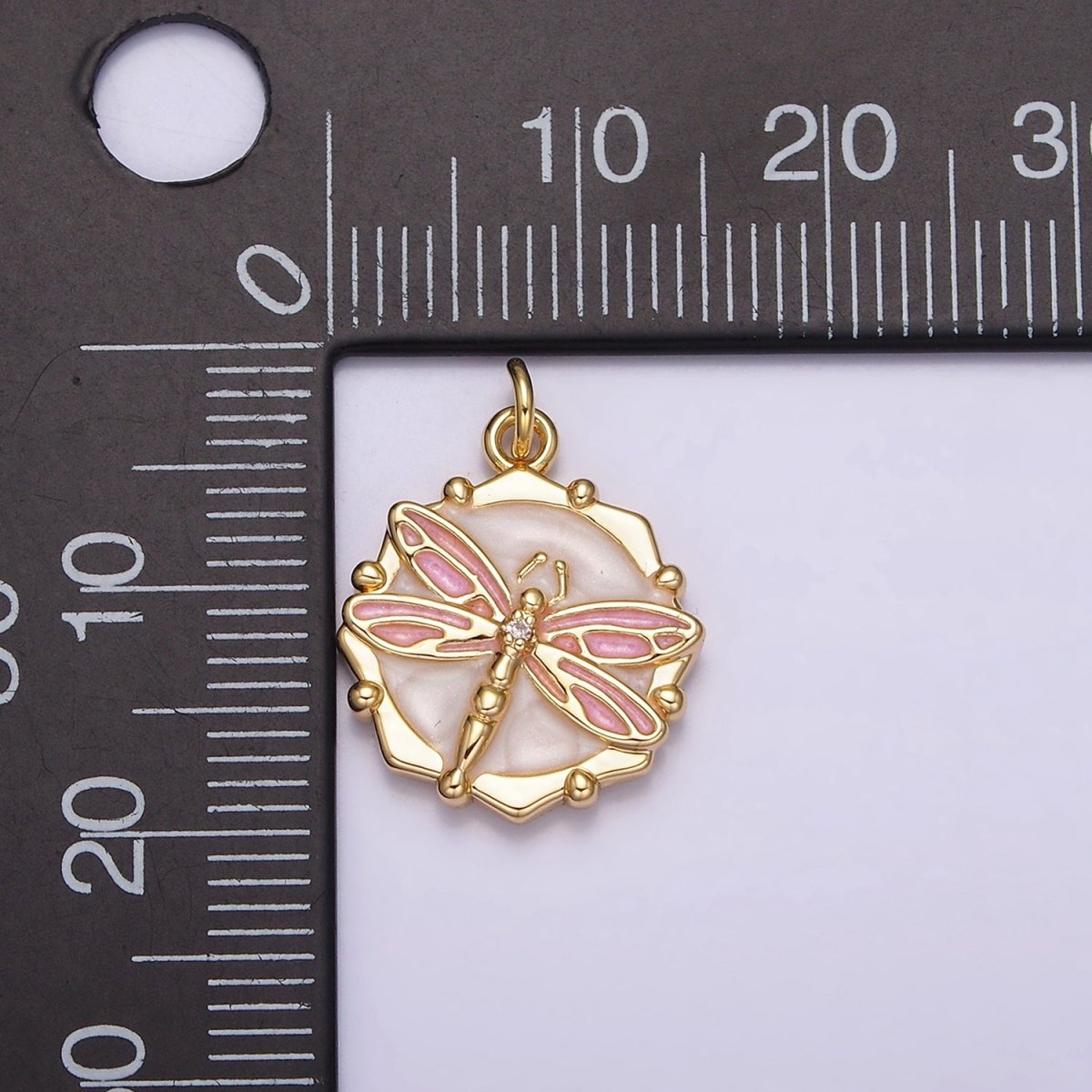 16K Gold Filled Dragonfly Insect White, Pink, Blue Sparkly Enamel Hexagonal Charm | AC1555 - AC1560