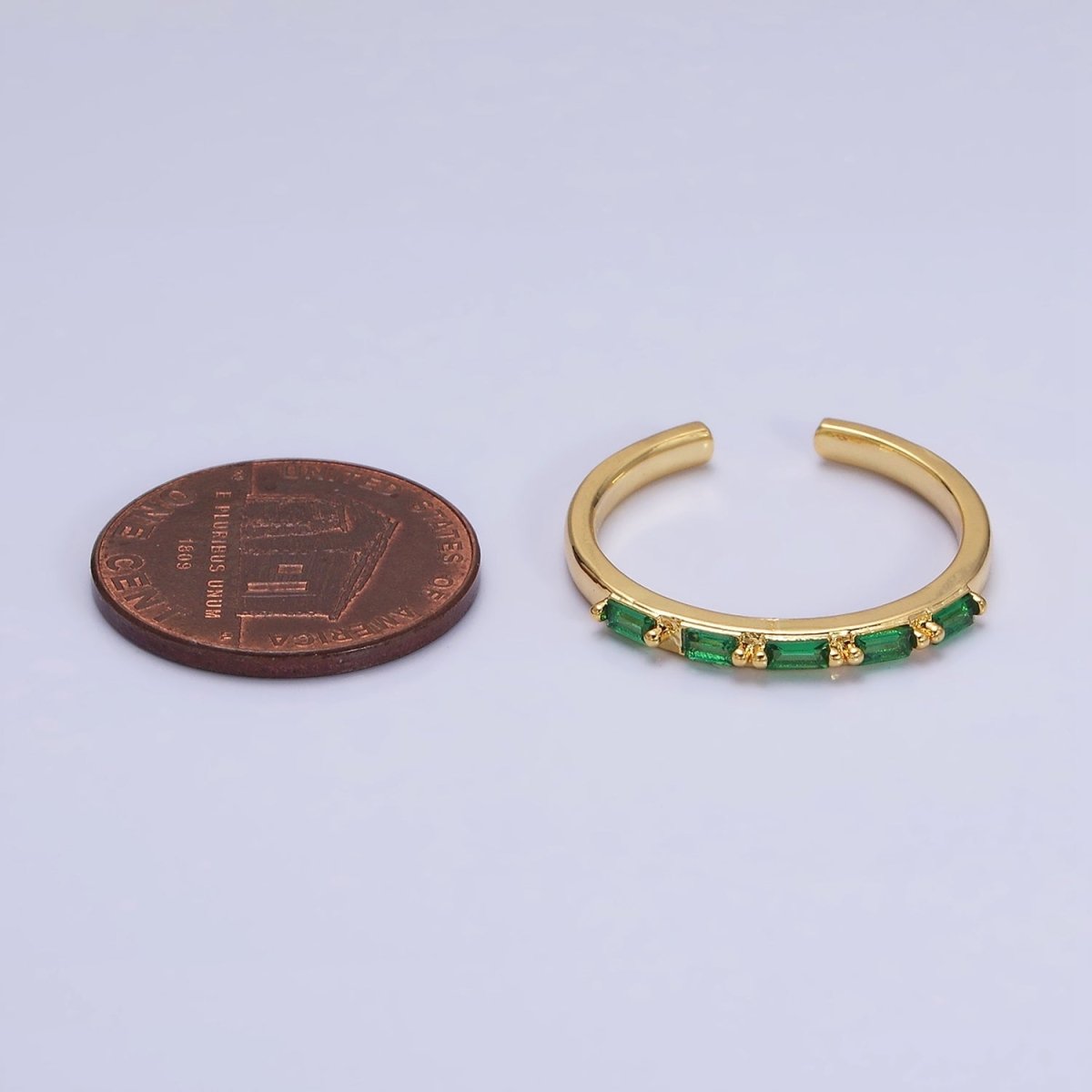 16K Gold Filled Emerald Green Baguette Lined CZ Adjustable Ring in Gold & Silver | O-1593 O-1594