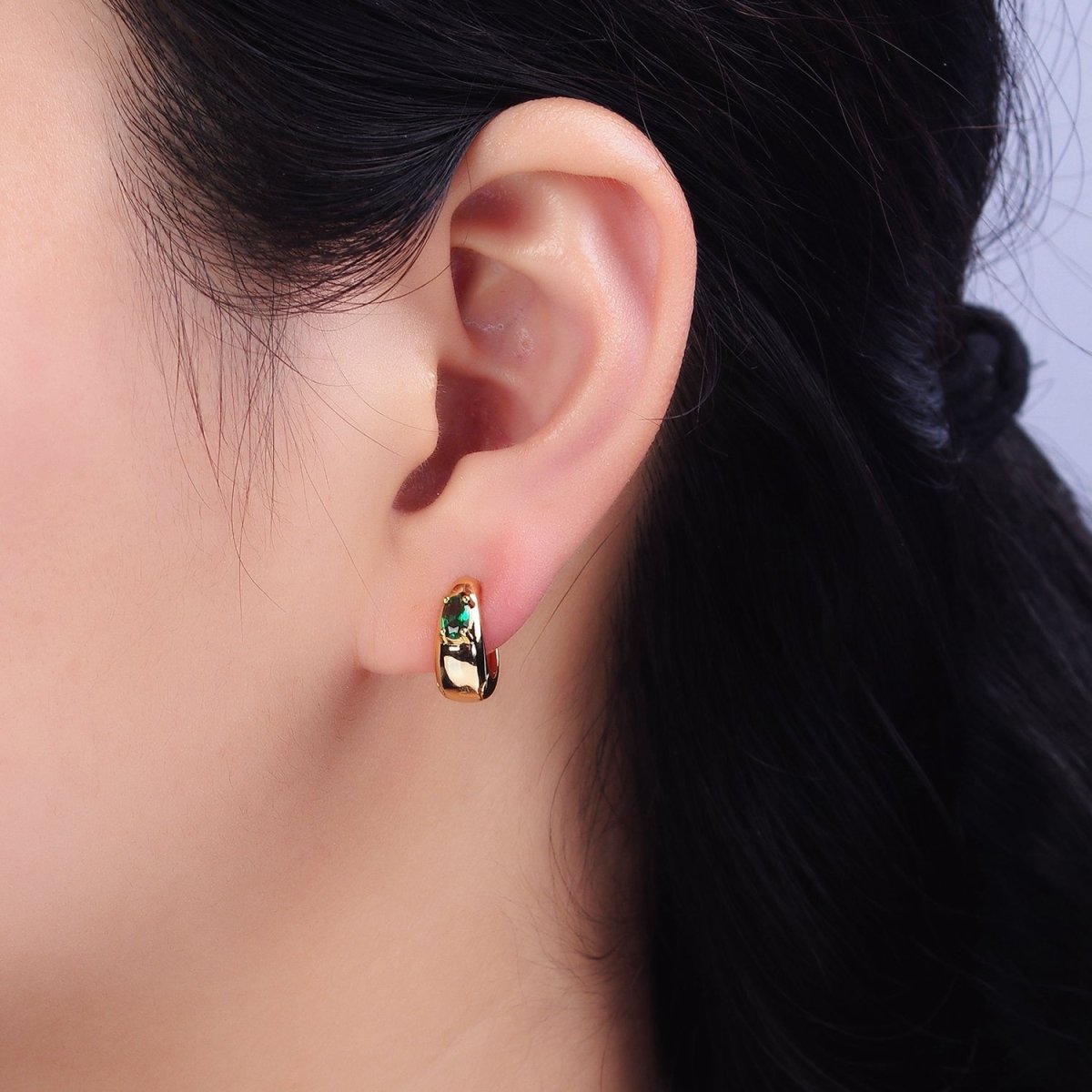 16K Gold Filled Emerald Green Oval CZ Dome 13mm Huggie Earrings in Silver & Gold | AB1501 AD1016