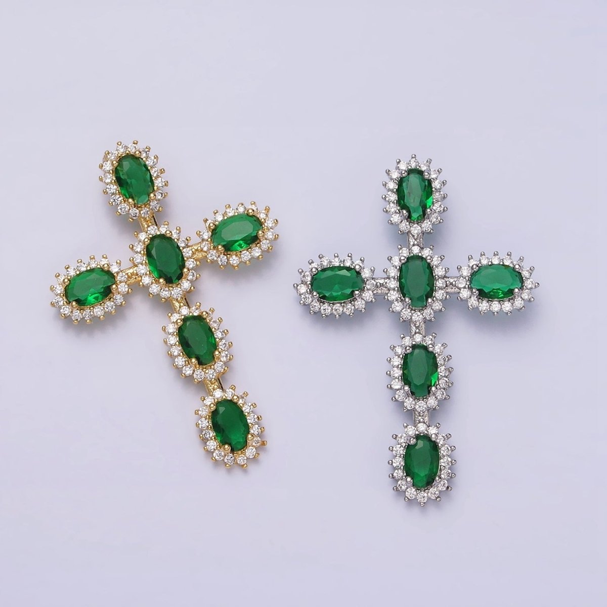 16K Gold Filled Emerald Green Oval Religious Cross Pendant in Gold & Silver | AA493 AA494