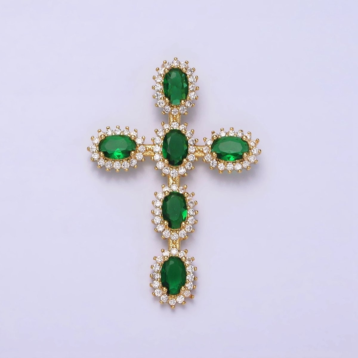 16K Gold Filled Emerald Green Oval Religious Cross Pendant in Gold & Silver | AA493 AA494
