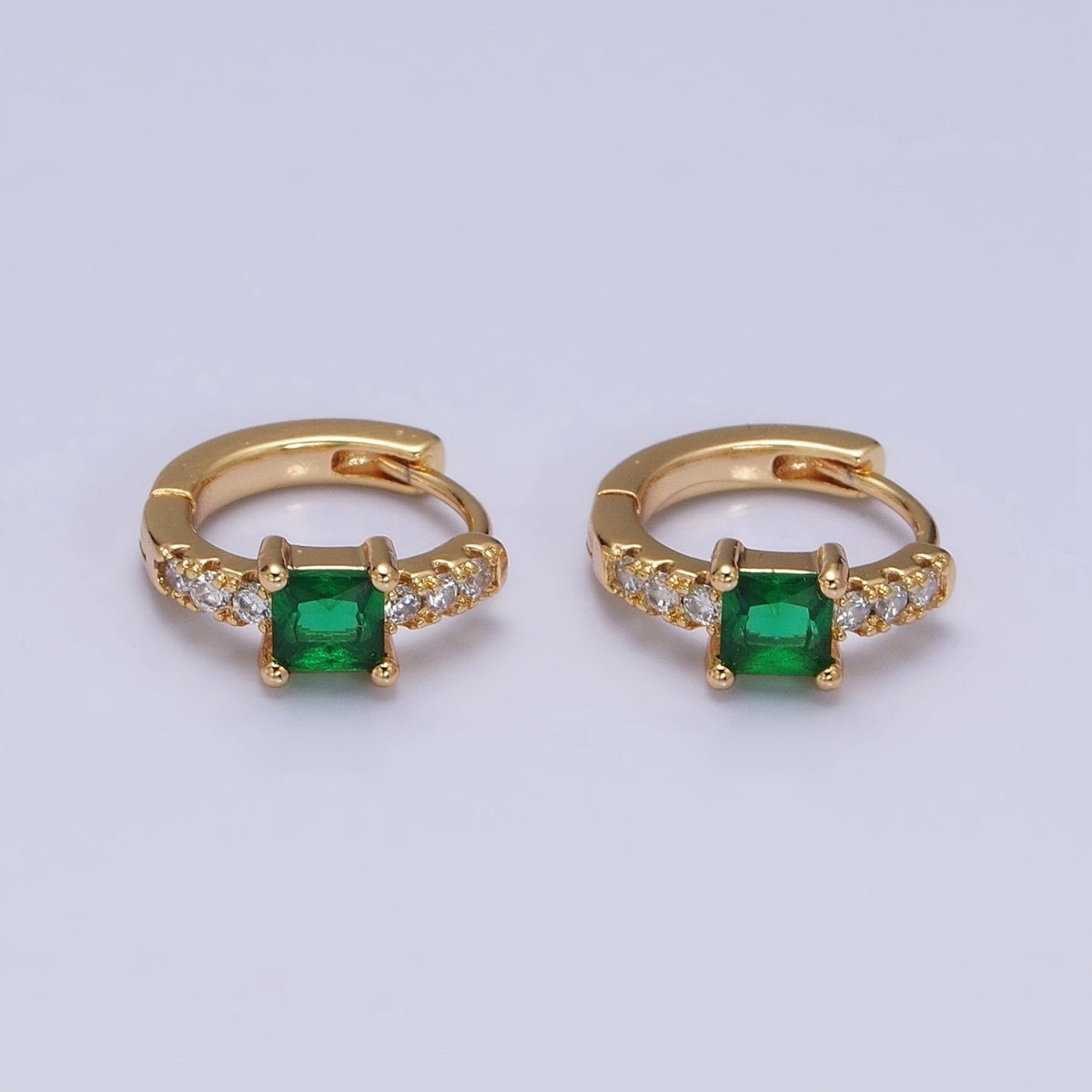 16K Gold Filled Emerald Green Square CZ Micro Paved Cartilage Huggie Earrings in Gold & Silver | AB815 AB657
