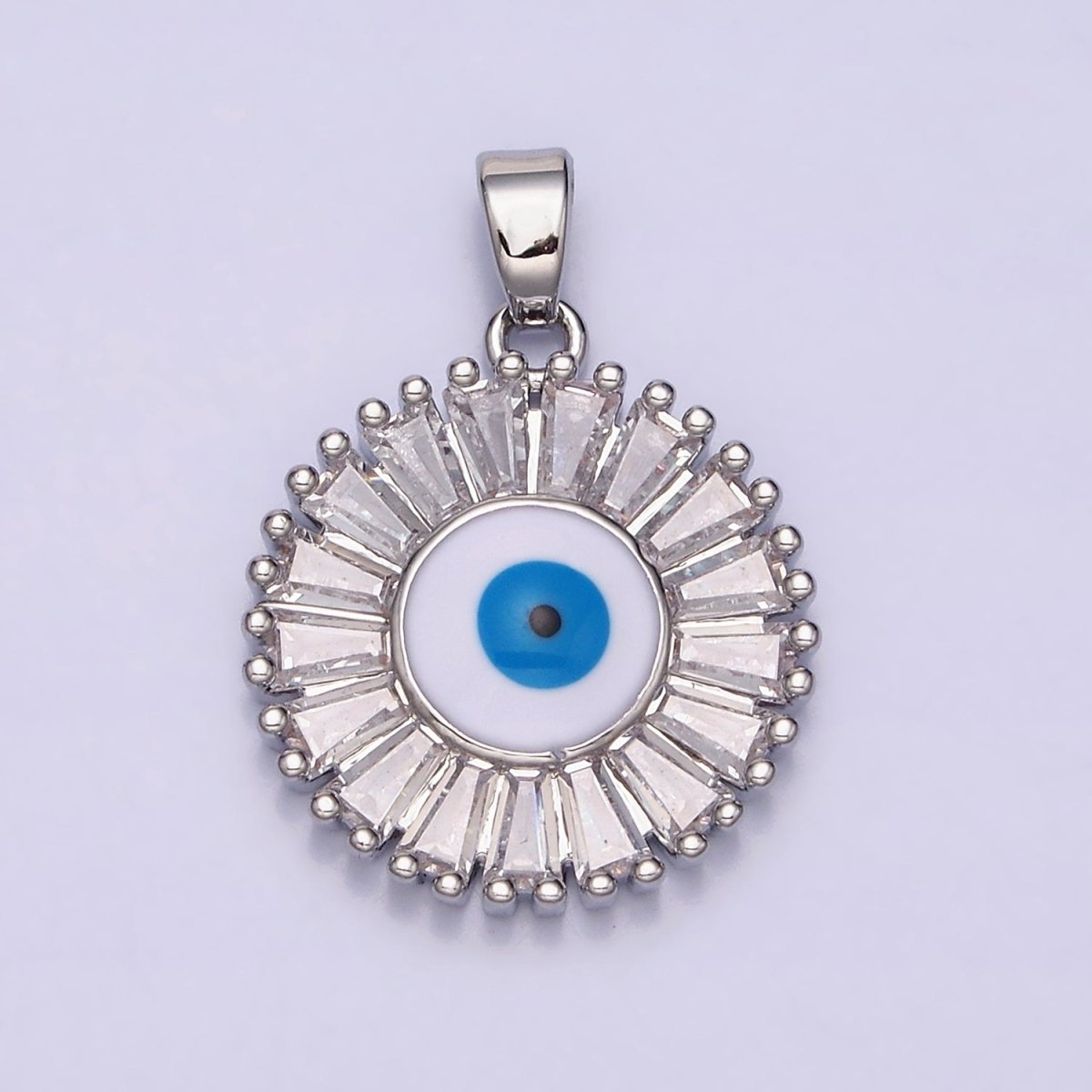 16K Gold Filled Evil Eye Enamel Clear Baguette CZ Round Pendant in Gold & Silver | AA480 AA481