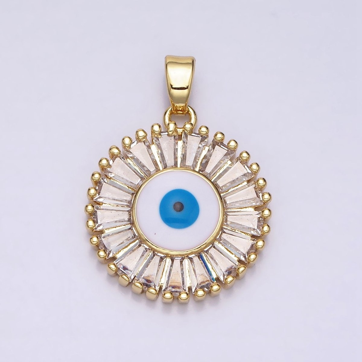 16K Gold Filled Evil Eye Enamel Clear Baguette CZ Round Pendant in Gold & Silver | AA480 AA481