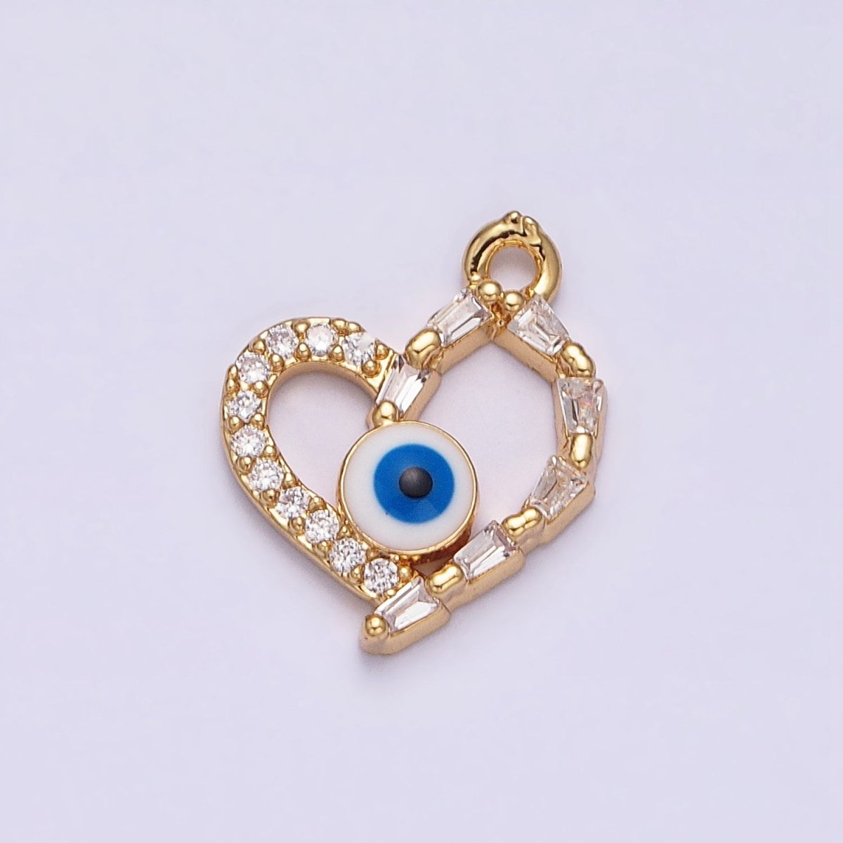 16K Gold Filled Evil Eye Enamel Micro Paved Baguette CZ Open Heart Charm | AC1137