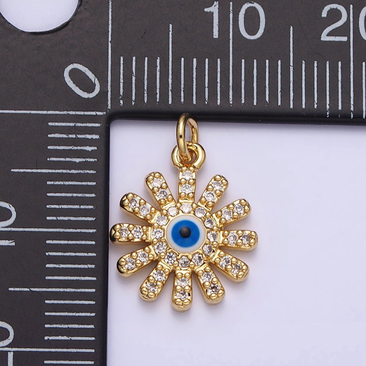 16K Gold Filled Evil Eye Micro Paved CZ Celestial Sun Flower Charm | AC1136