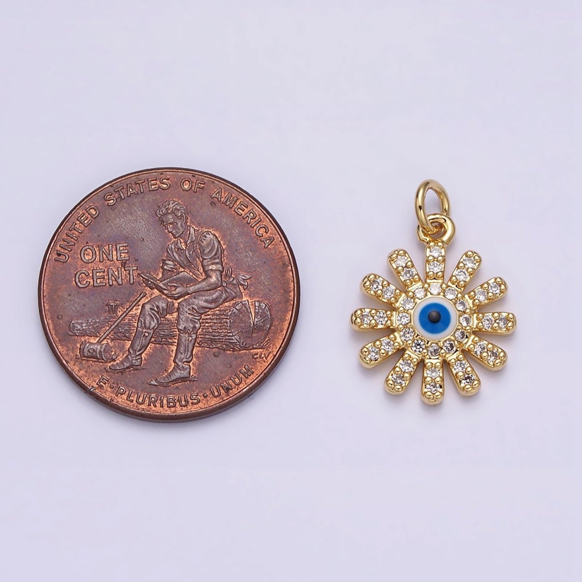 16K Gold Filled Evil Eye Micro Paved CZ Celestial Sun Flower Charm | AC1136