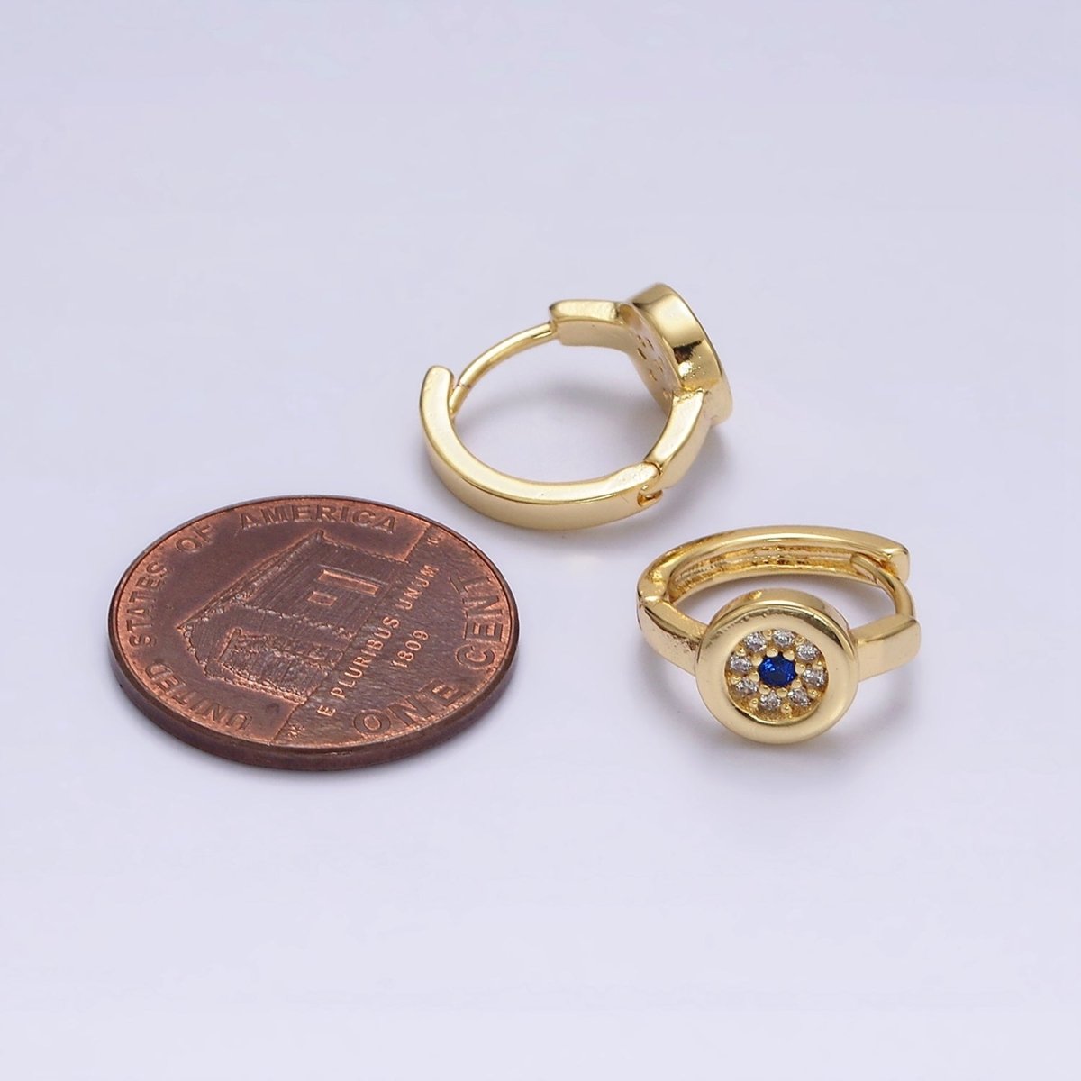 16K Gold Filled Evil Eye Micro Paved CZ Round 13mm Huggie Earrings | AE605