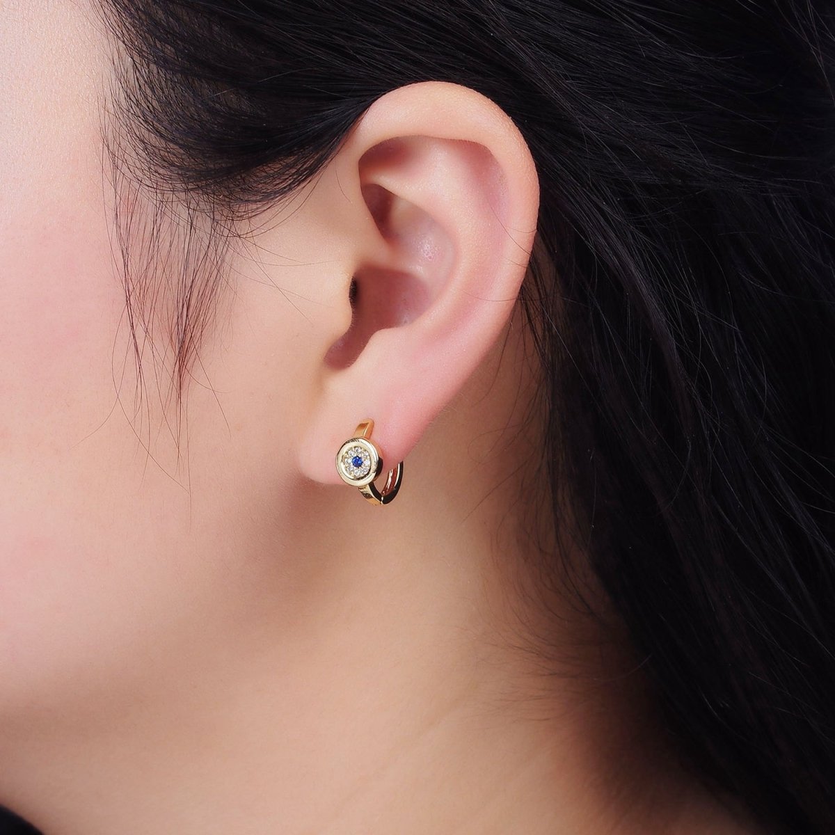 16K Gold Filled Evil Eye Micro Paved CZ Round 13mm Huggie Earrings | AE605