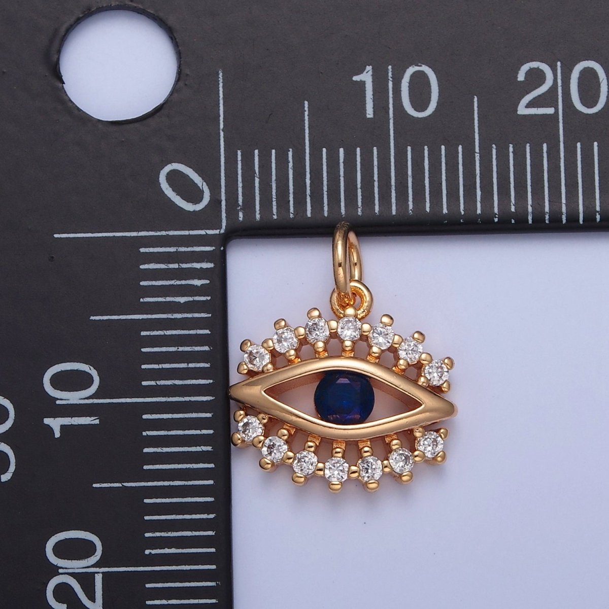 16K Gold Filled Eye of Ra Charm, Blue & Clear Cubic Zirconia CZ Protection Evil Eye Charm, X-041