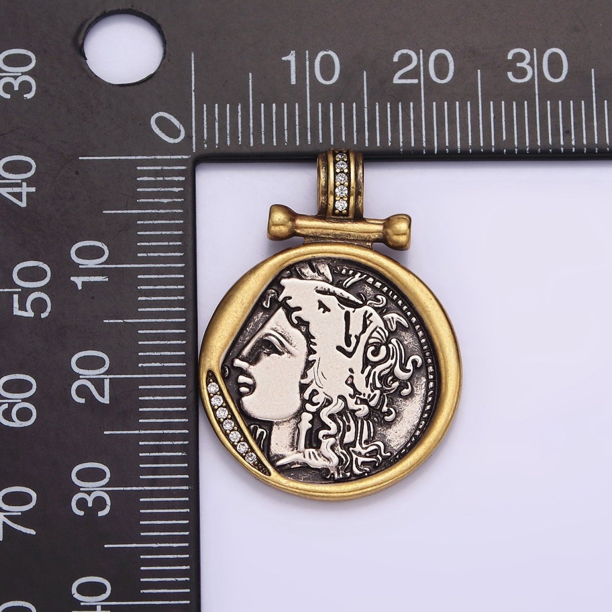 16K Gold Filled Face Portrait Double Sided Mixed Metal Stamped Rustic Pendant | AA-605