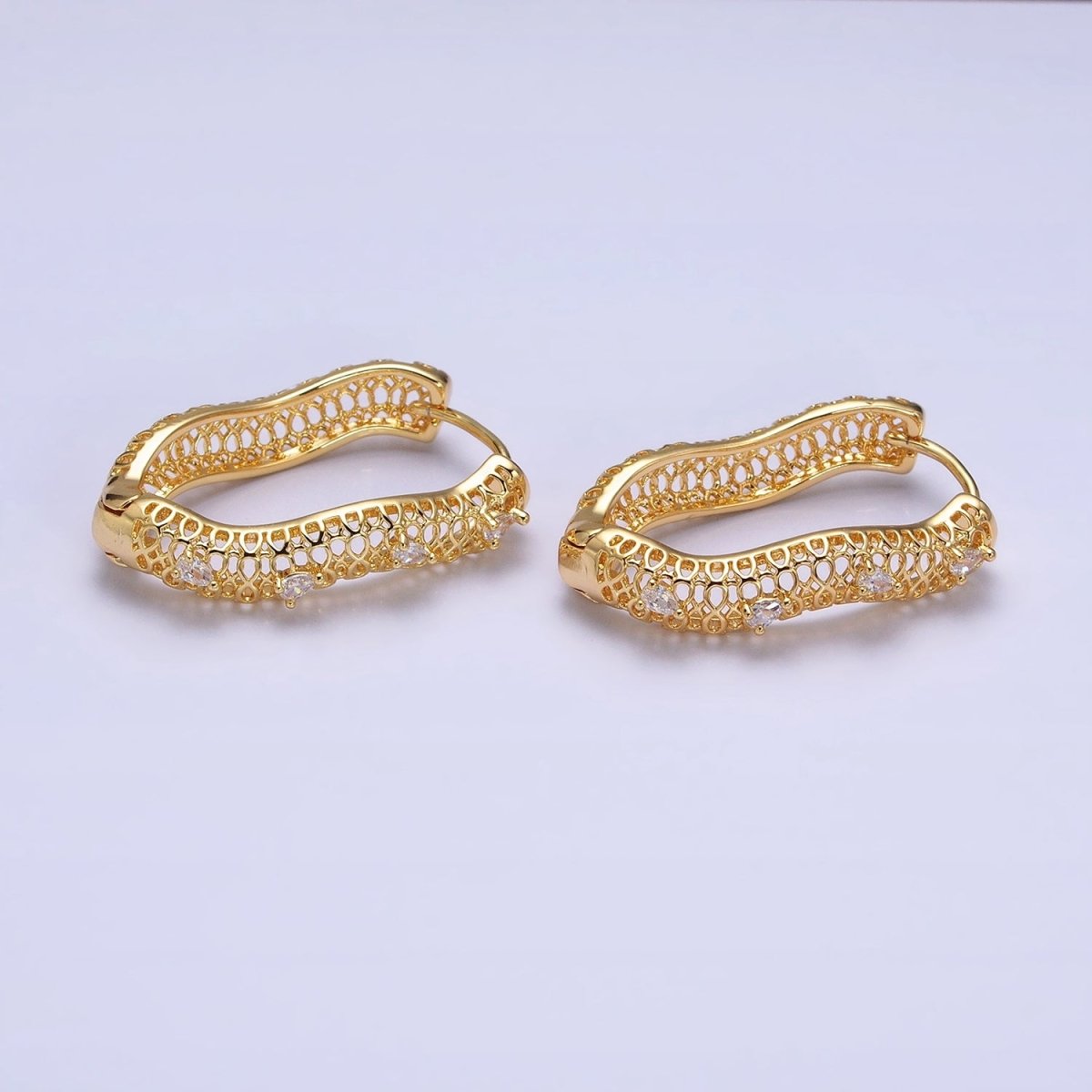 16K Gold Filled Filigree Geometric Wavy Teardrop CZ Dotted Oblong Hoop Earrings in Silver & Gold | AB1428 AD1190